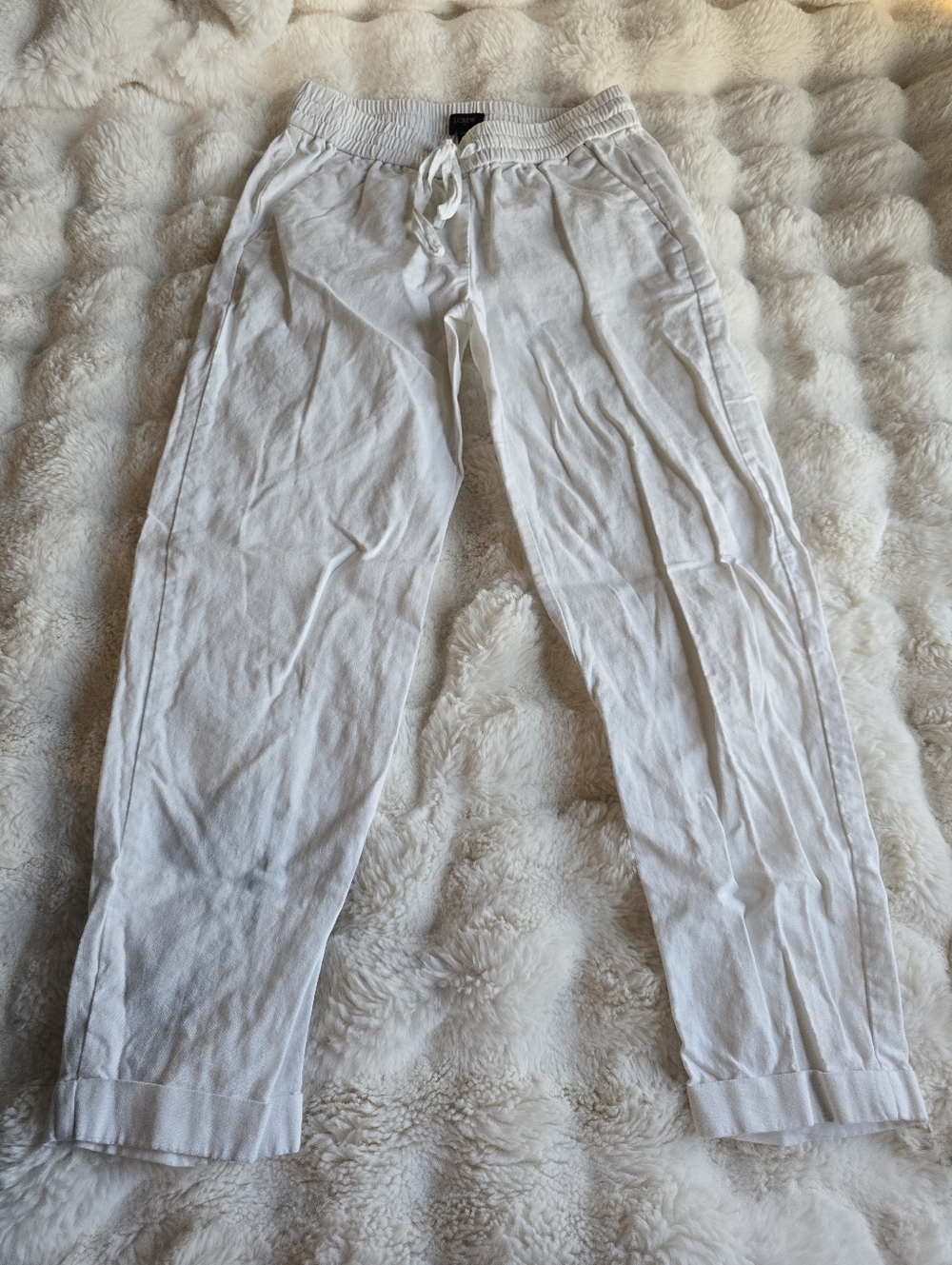 J. Crew White Ankle Drawstring Linen-Blend Pants
